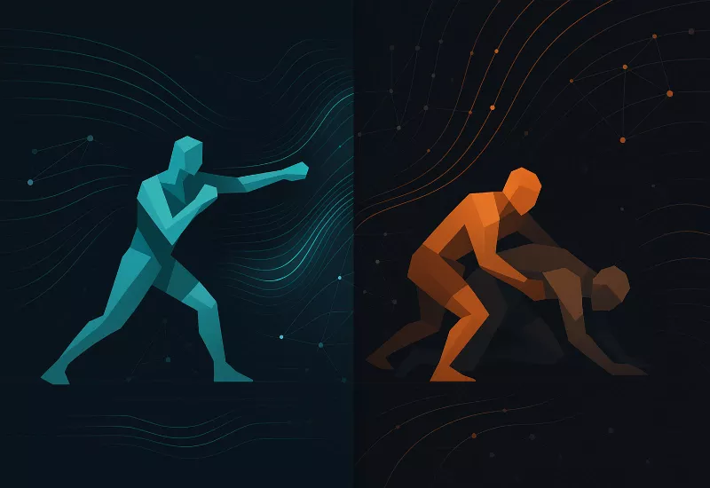 Visualización abstracta de análisis de estilos de luchadores MMA: striker, wrestler y grappler conectados por flujos de datos