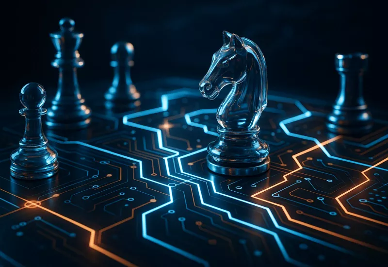 Concepto de estrategia avanzada con piezas de ajedrez de cristal sobre tablero futurista con rutas de decisión iluminadas