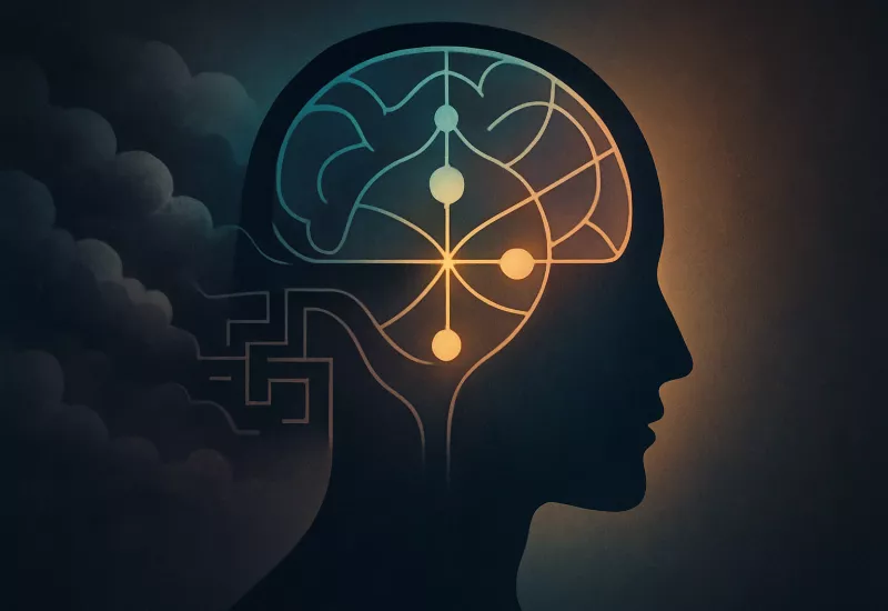 Visualización abstracta de control emocional y disciplina mental con silueta de cabeza mostrando calma interior transformando el caos en orden