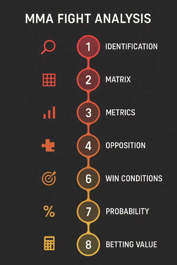 Diagrama de flujo del sistema de 8 pasos para analizar peleas de UFC: identificación de arquetipos, matriz de matchups, métricas, oposición histórica, factores contextuales, win conditions, probabilidad y valor de apuesta