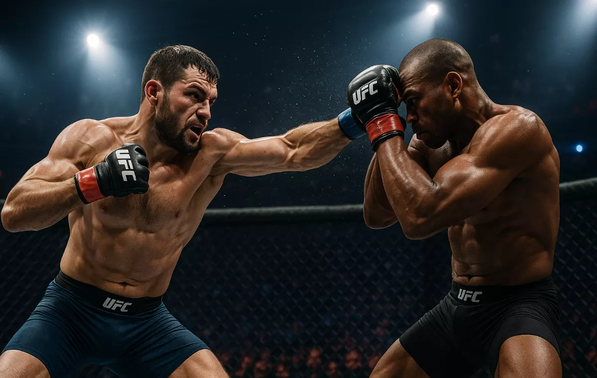 Dos luchadores de UFC en combate intenso dentro del octágono con iluminación dramática