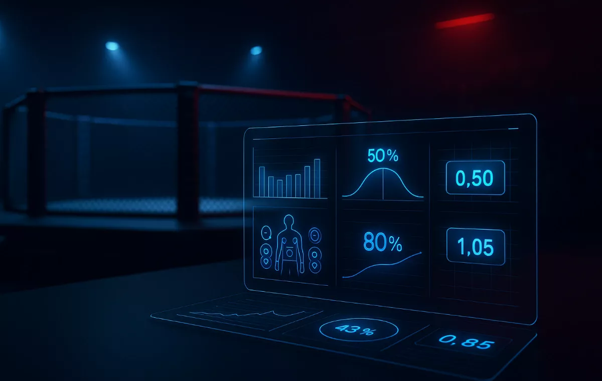 Concepto visual de análisis profesional de apuestas UFC con octágono y estadísticas holográficas