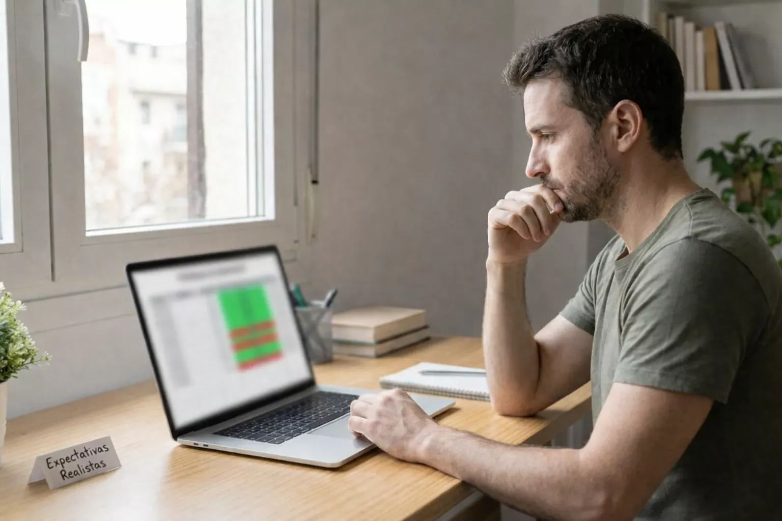 Apostador reflexivo revisando resultados de apuestas en su ordenador