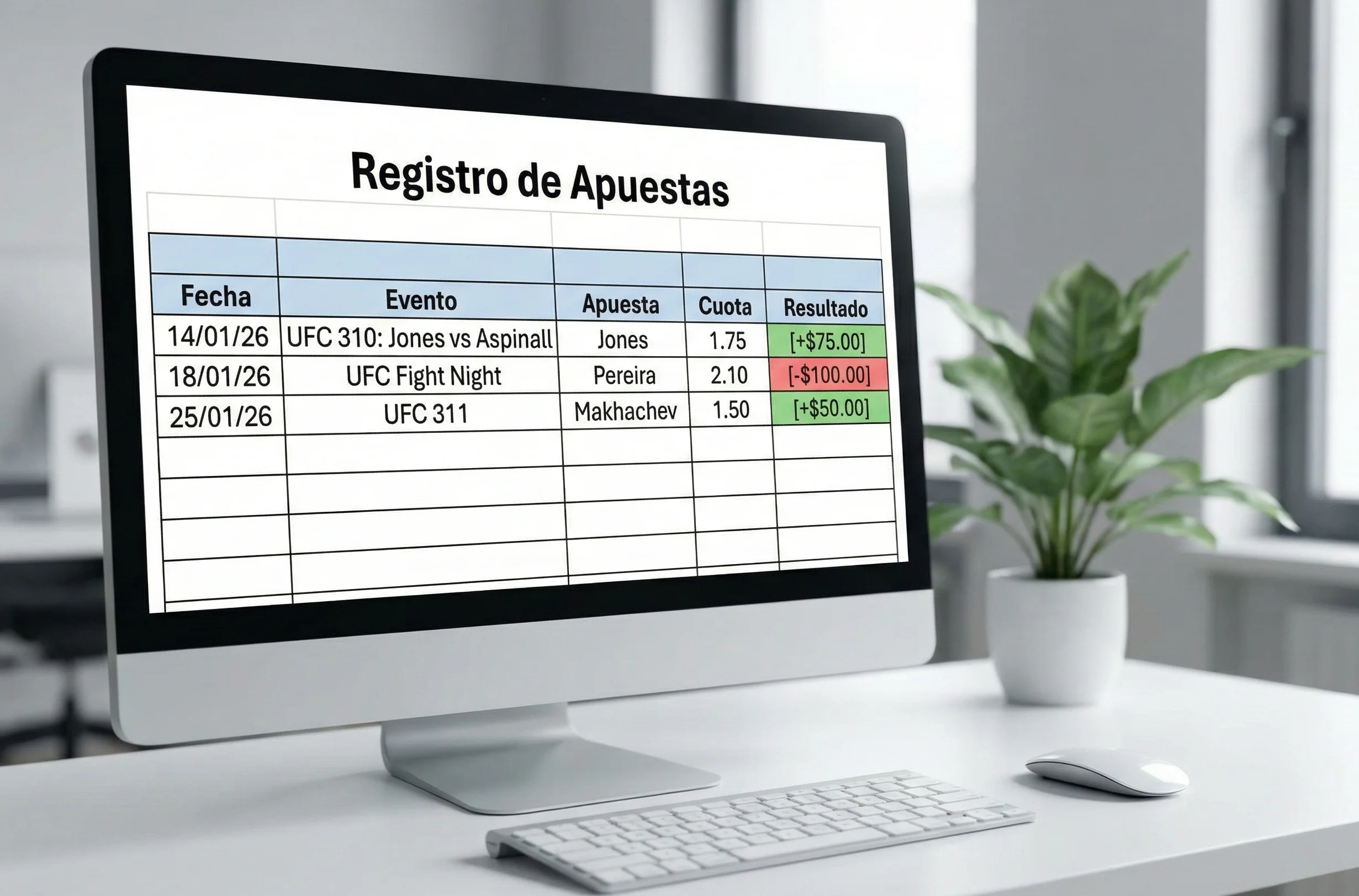 Hoja de cálculo con registro detallado de apuestas de UFC