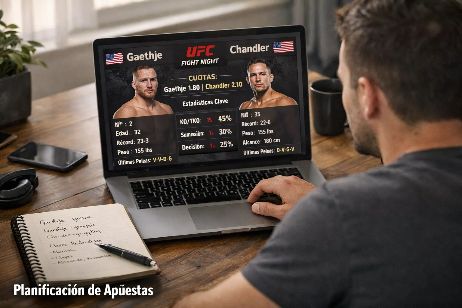 Apostador analizando datos de combates de UFC en su escritorio