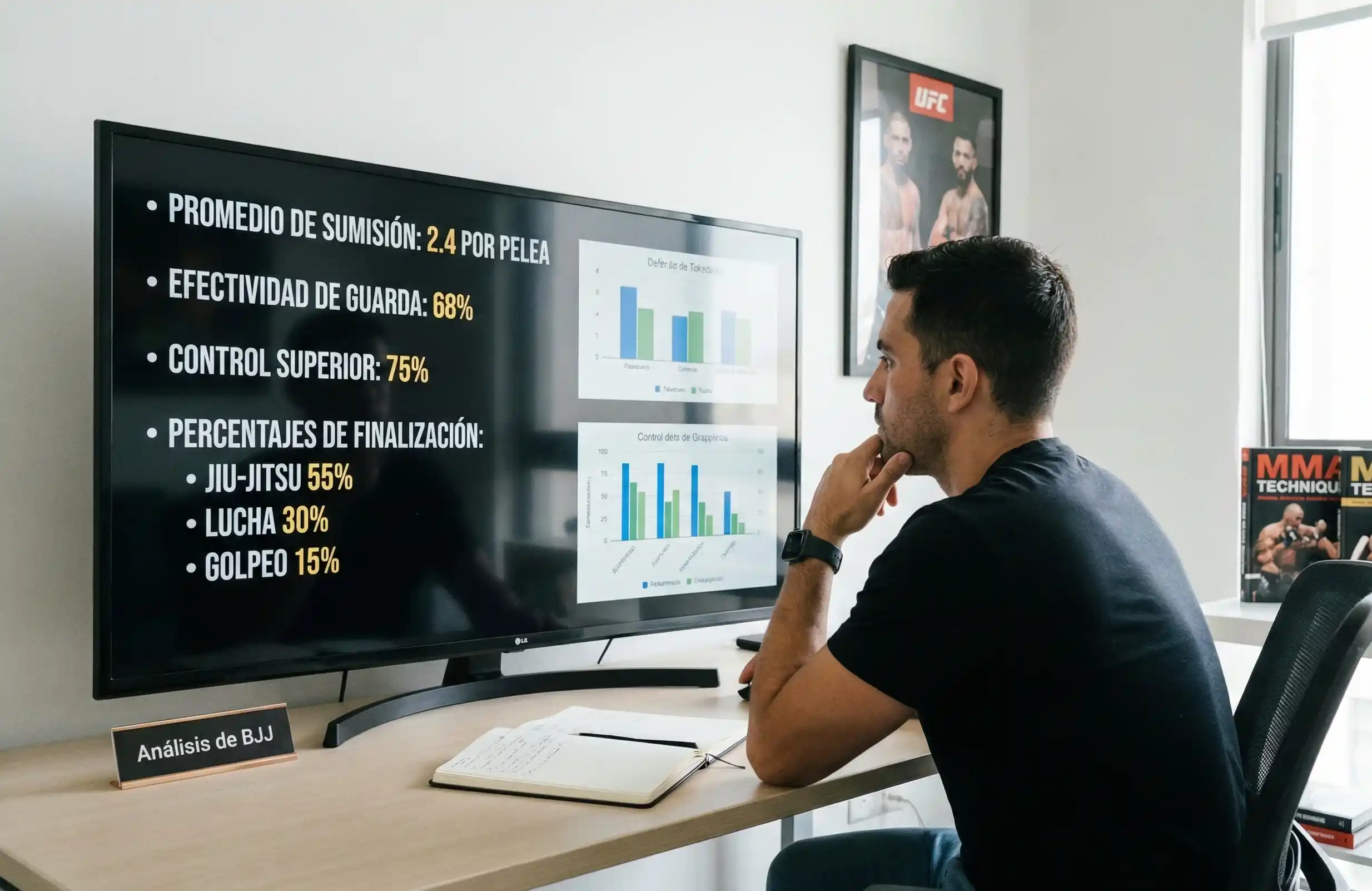 Analista revisando estadísticas de sumisiones de luchadores de UFC