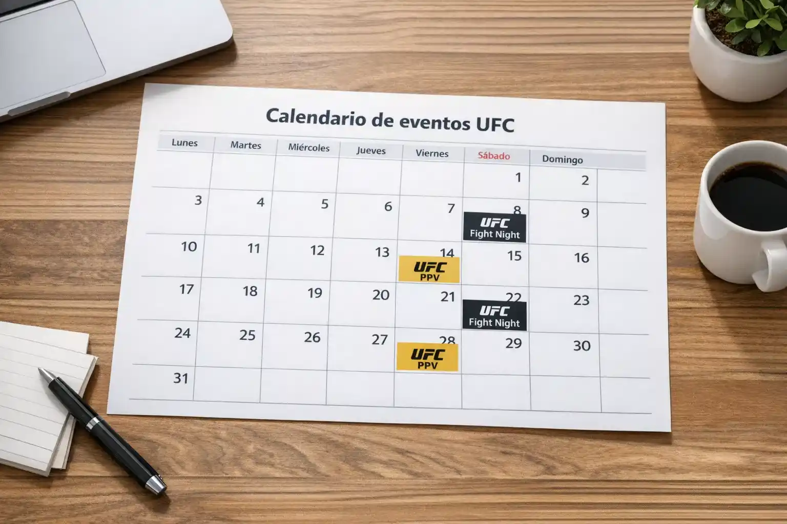 Calendario de eventos UFC mostrando Fight Nights y PPVs