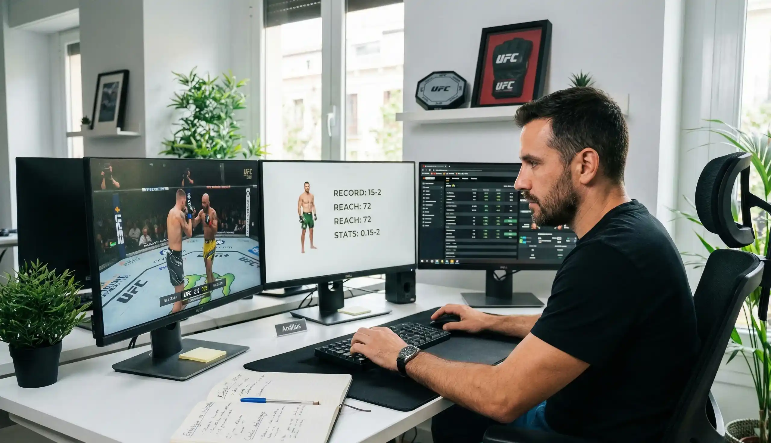 Analista revisando videos de combates de UFC en múltiples pantallas