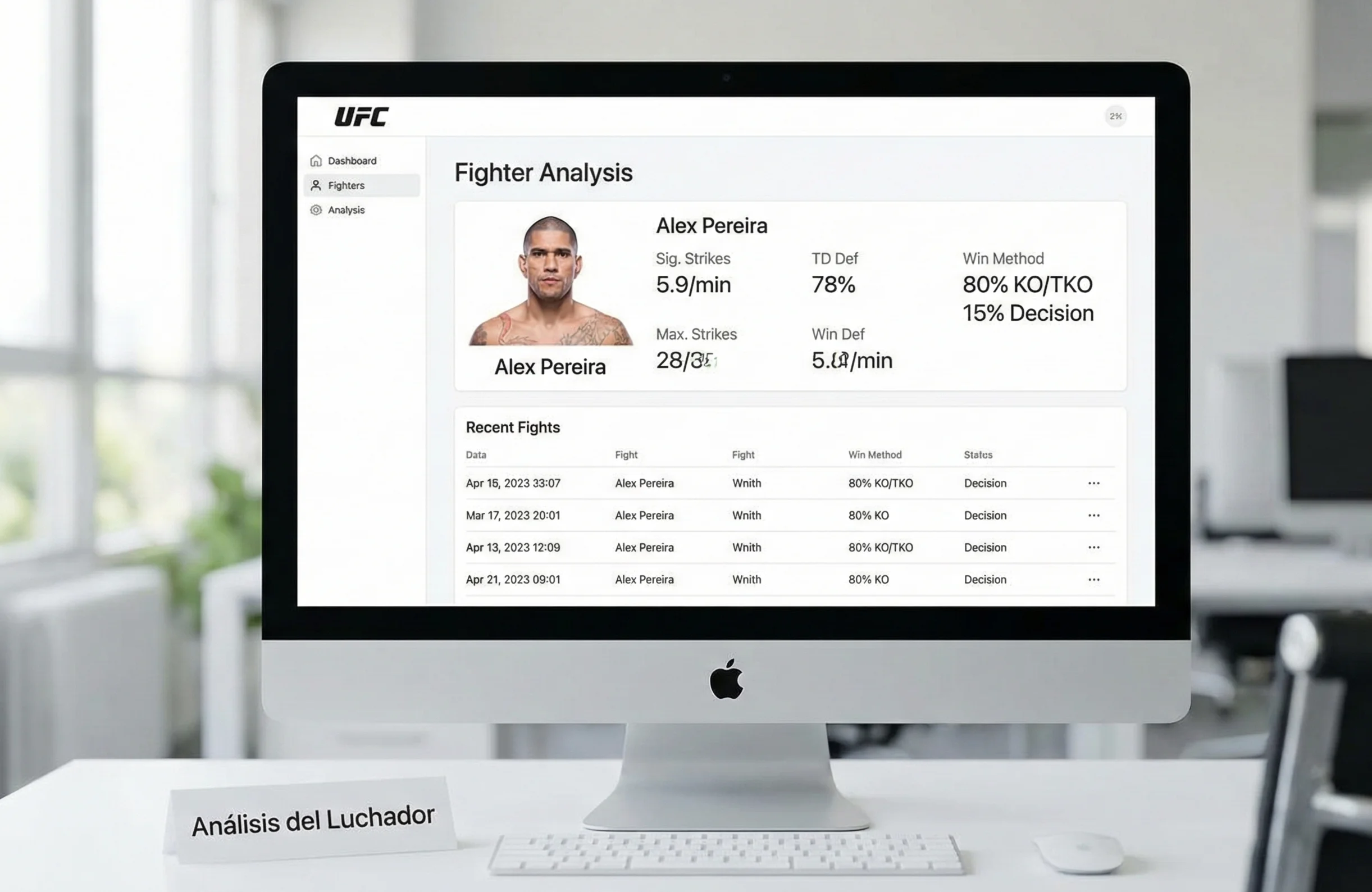 Pantalla mostrando estadísticas detalladas de un luchador de UFC
