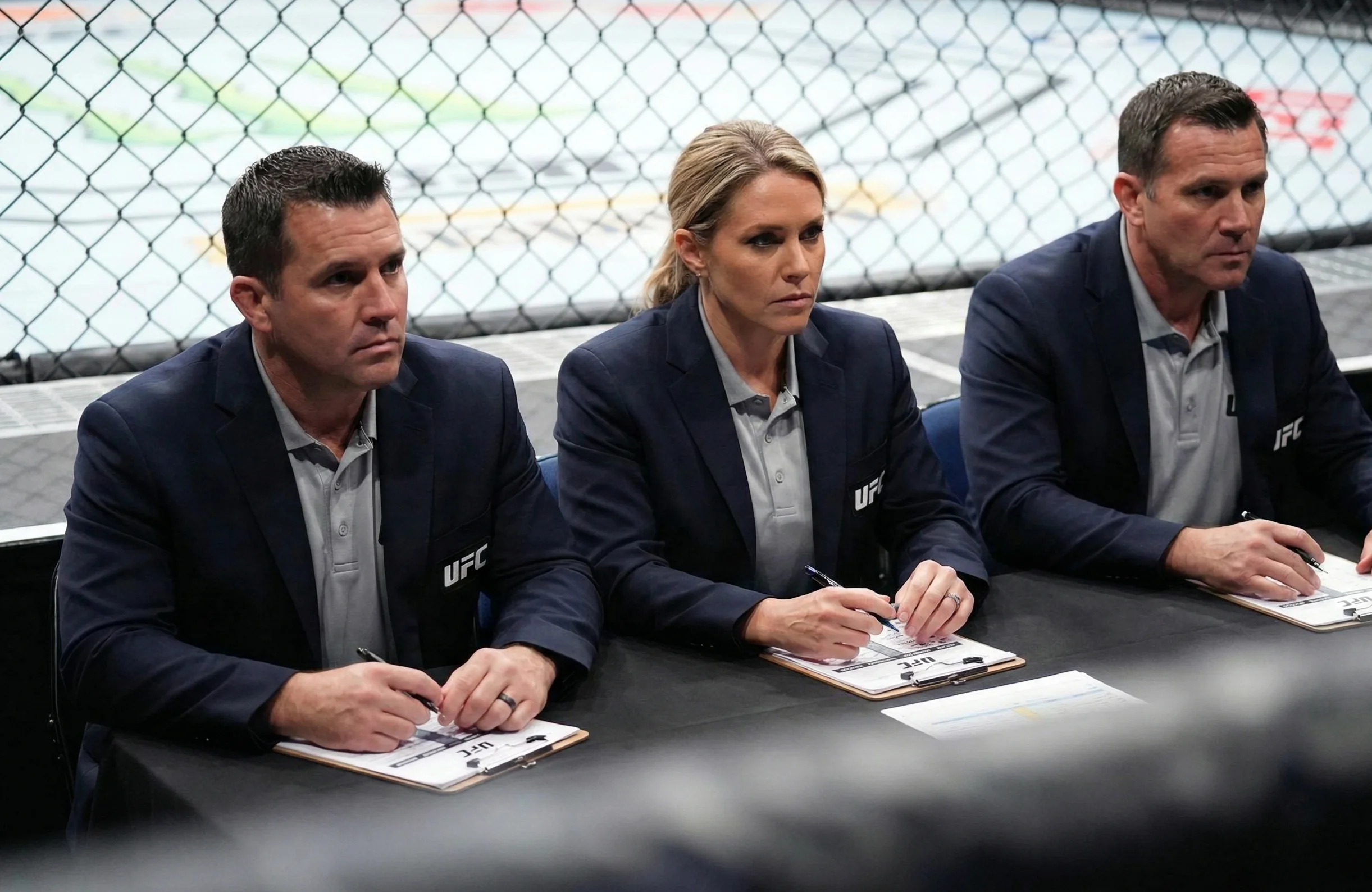Jueces de UFC puntuando un combate desde sus posiciones alrededor del octágono