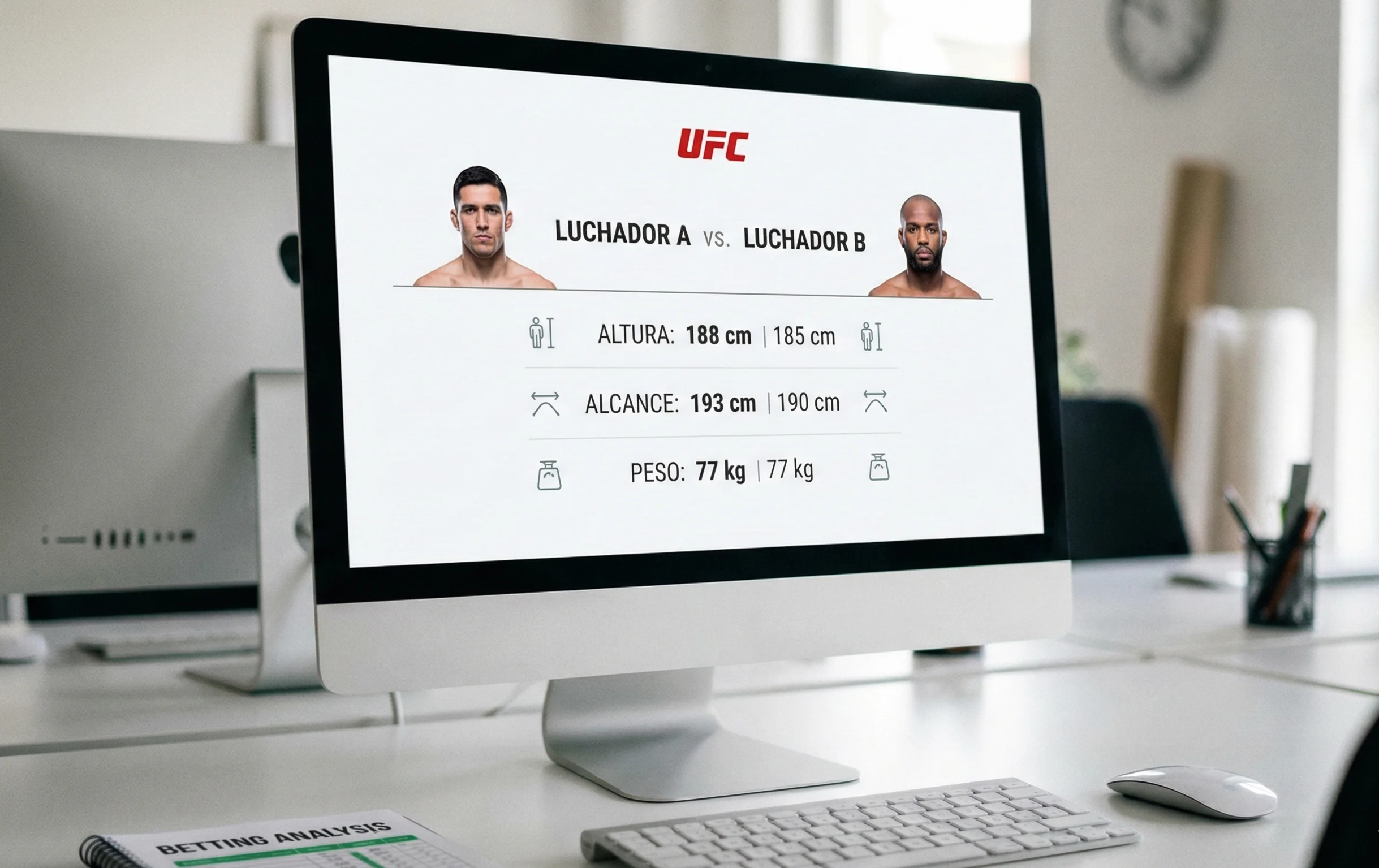 Pantalla mostrando comparativa física de luchadores de UFC para apuestas