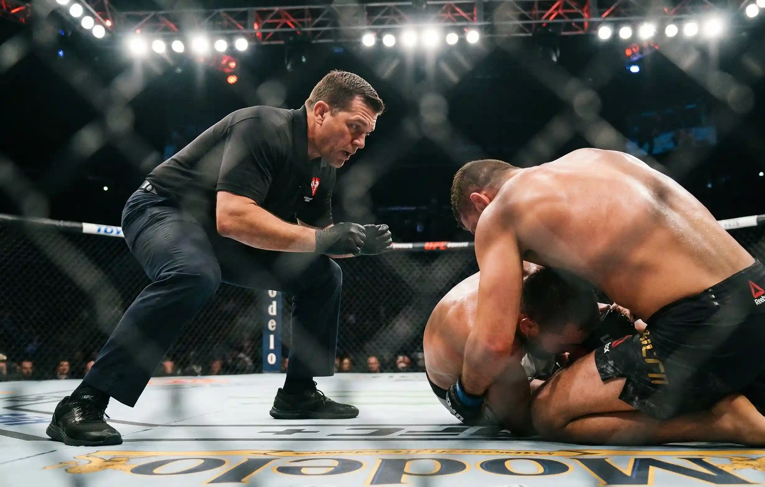 Árbitro de UFC supervisando a dos luchadores durante un combate