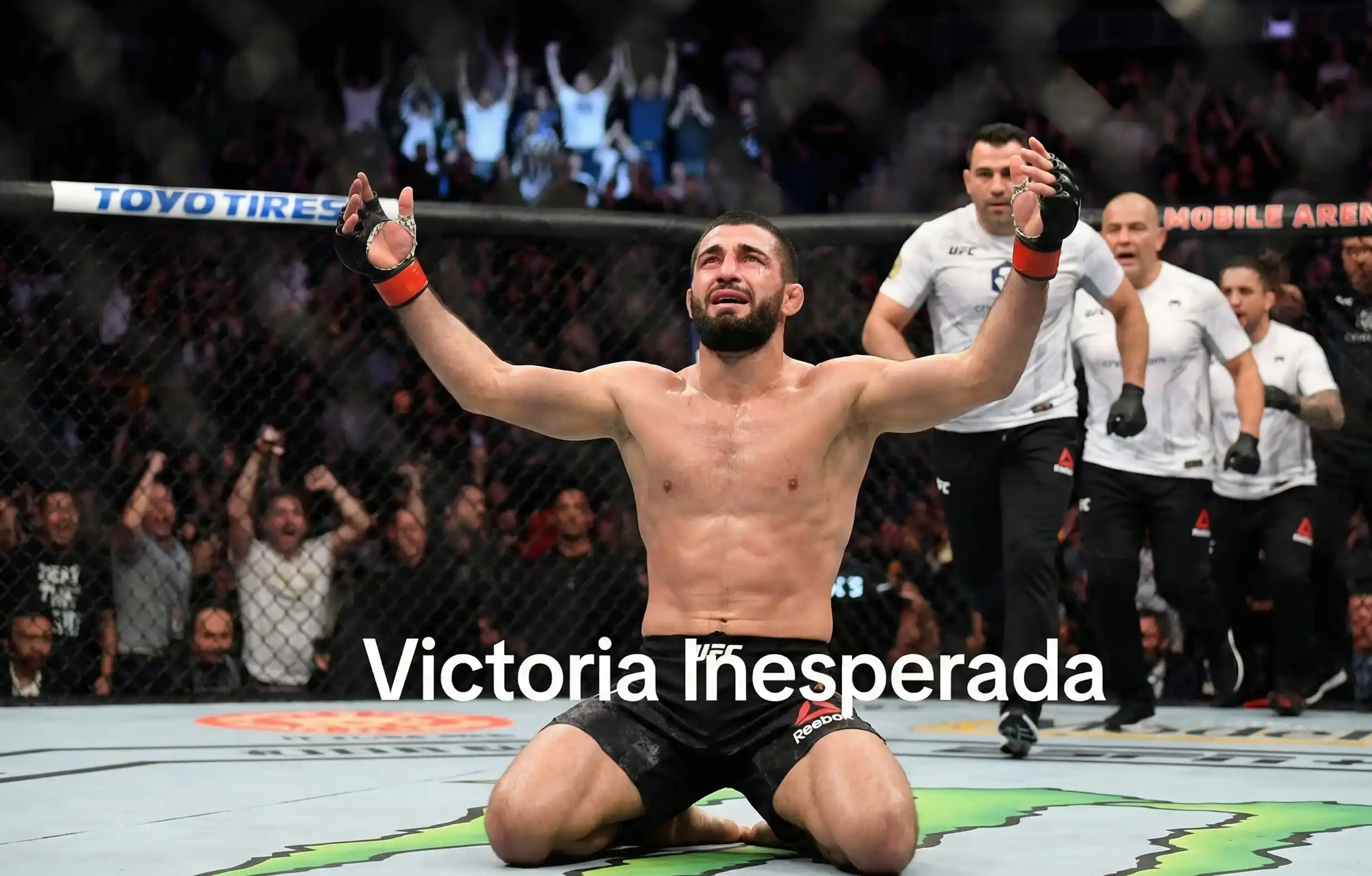 Luchador underdog celebrando una victoria sorpresa en UFC