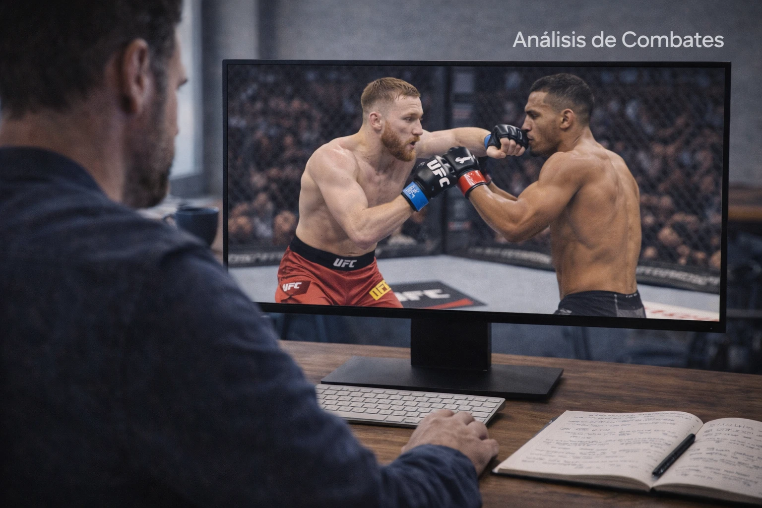 Analista estudiando video de combate de UFC en pantalla