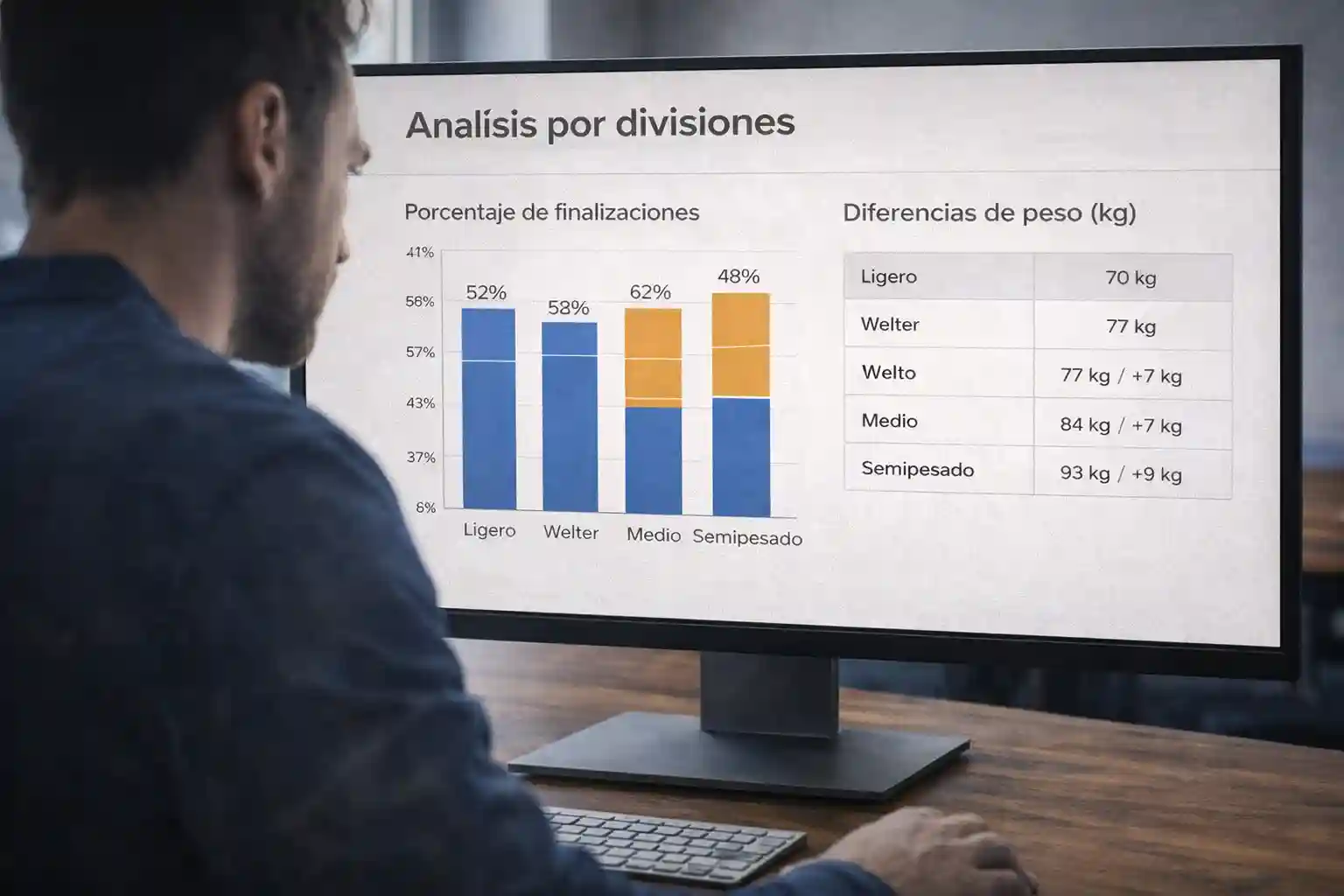 Analista revisando estadísticas de diferentes divisiones de peso UFC